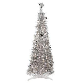 4' Pre-Lit Silver Tinsel Pop-Up Artificial Christmas Tree Clear Lights