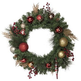 Green Mixed Foliage and Ornaments Artificial Christmas Wreath 30-Inch Unlit