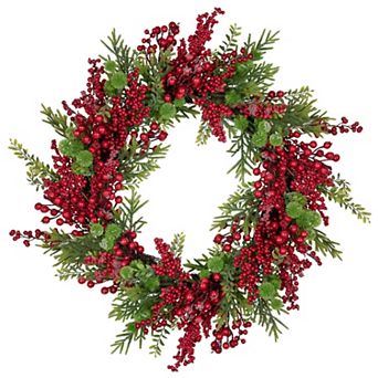 Artificial Frosted Red Berry and Pine Christmas Wreath 28-Inch Unlit