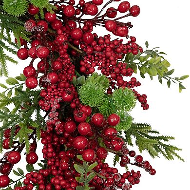 Artificial Frosted Red Berry and Pine Christmas Wreath 28-Inch Unlit