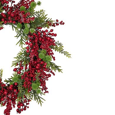 Artificial Frosted Red Berry and Pine Christmas Wreath 28-Inch Unlit