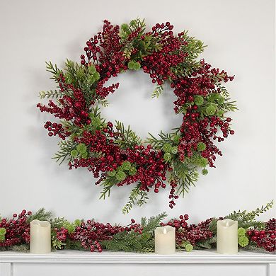 Artificial Frosted Red Berry and Pine Christmas Wreath 28-Inch Unlit