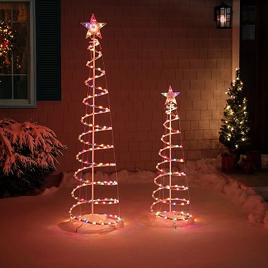 Set of 2 Lighted Multi-Color Outdoor Spiral Christmas Cone Trees 4' 6'