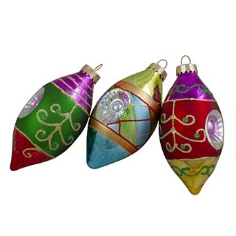 3 ct Multi Color with Retro Reflectors Glass Finial Christmas Ornament Set 4.25" (100mm)