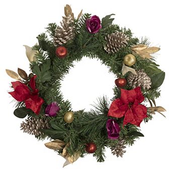 Decorated Red Poinsettia and Rose Artificial Christmas Wreath 24-inch Unlit