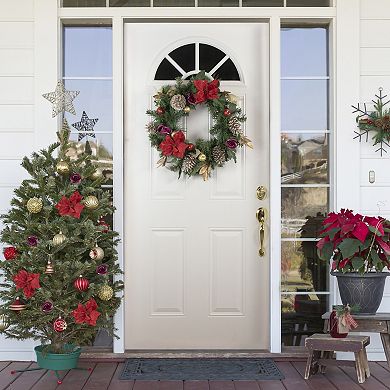 Decorated Red Poinsettia and Rose Artificial Christmas Wreath 24-inch Unlit