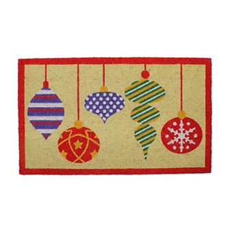 Brightly Colored Mixed Christmas Ornaments Doormat with Red Border 30" x 18"