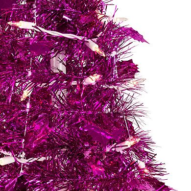 6' Pre-Lit Pink Tinsel Pop-Up Artificial Christmas Tree Clear Lights