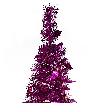 6' Pre-Lit Pink Tinsel Pop-Up Artificial Christmas Tree Clear Lights