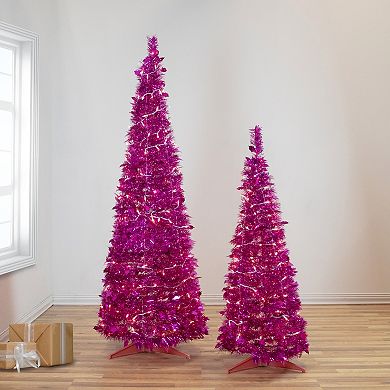 6' Pre-Lit Pink Tinsel Pop-Up Artificial Christmas Tree Clear Lights