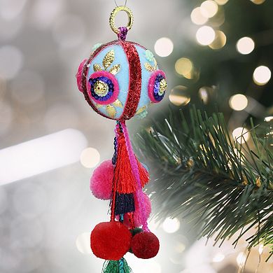 10.25" Blue and Red Ball with Pompoms Christmas Ornament