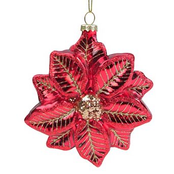5" Red and Gold Glittery Poinsettia Glass Christmas Ornament