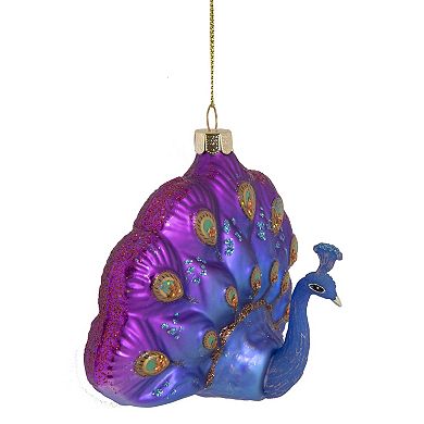 4.25" Regal Peacock Blue and Purple Glittered Glass Peacock Christmas Ornament