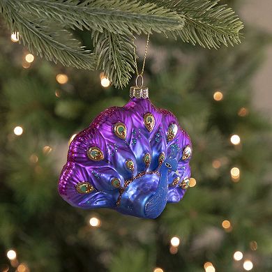 4.25" Regal Peacock Blue and Purple Glittered Glass Peacock Christmas Ornament