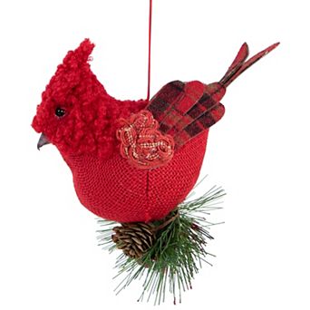 5" Red Burlap Cardinal with Pine Needles and Berries Christmas Ornament
