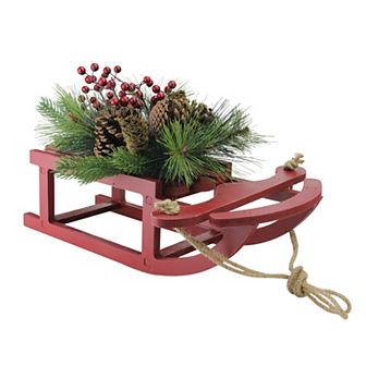 15" Red Berry and Pine Cones Wooden Sleigh Christmas Table Top Decoration