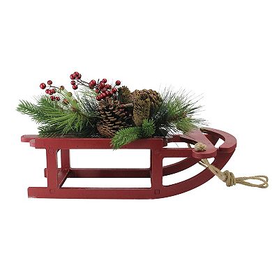 15" Red Berry and Pine Cones Wooden Sleigh Christmas Table Top Decoration