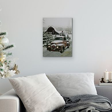 LED Lighted Fiber Optic Truck with Tree Christmas Canvas Wall Art 15.75" x 11.75"