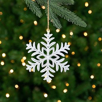 5.5" Silver and White Metal Snowflake Christmas Ornament on Jute Rope