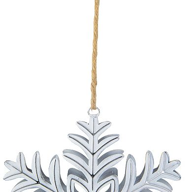 5.5" Silver and White Metal Snowflake Christmas Ornament on Jute Rope
