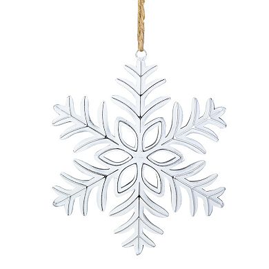 5.5" Silver and White Metal Snowflake Christmas Ornament on Jute Rope