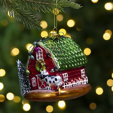 4" Festive Red and Green Barn with Roof Glass Christmas Ornament