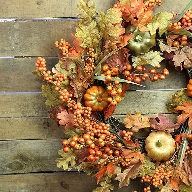Fall Leaves Pumpkins and Berries Artificial Thanksgiving Wreath 22-Inch Unlit