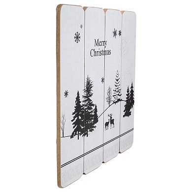 16” White Merry Christmas Post Card Winter Scene Wooden Wall Sign