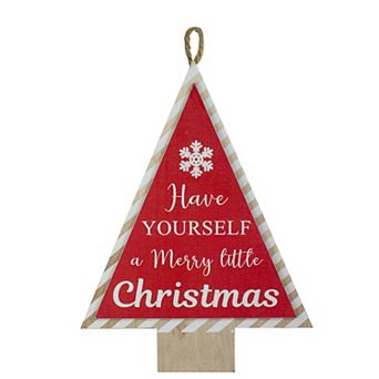 16” Red and White Merry Little Christmas Tree Wooden Hanging Wall Sign