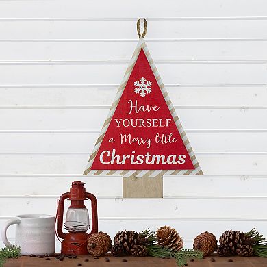 16” Red and White Merry Little Christmas Tree Wooden Hanging Wall Sign