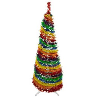4' Pre-Lit Rainbow Tinsel Pop-Up Artificial Christmas Tree Clear Lights