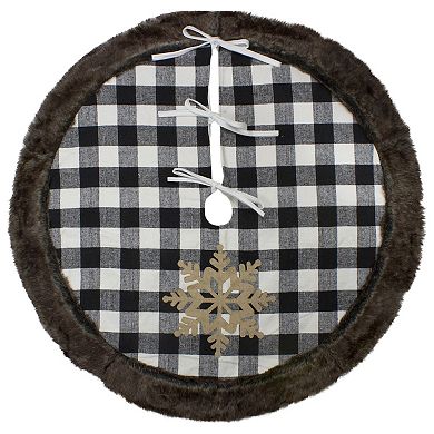 48" Black and White Buffalo Plaid Christmas Tree Skirt with Burlap Snowflake