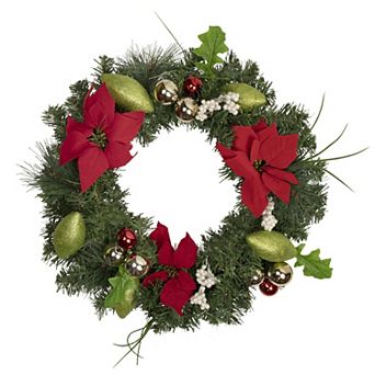Decorated Red and Green Poinsettia and Pine Artificial Christmas Wreath 24-inch Unlit