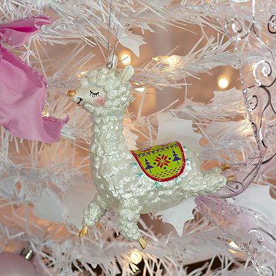 5" White and Green Glittered Regal Jumping Llama Glass Christmas Ornament