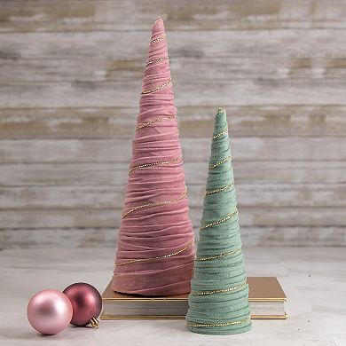 15.25" Pink Fabric with Gold Garland Christmas Cone Tree
