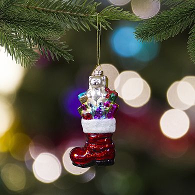 5" Shiny Red Present Filled Stocking Hanging Glass Christmas Ornament