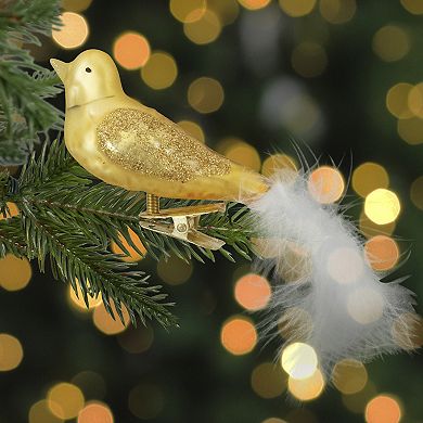 5.5" Gold Bird with Feather Tail Glass Clip On Christmas Ornament