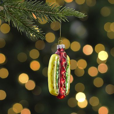 4" Hot Dog in a Bun Glass Christmas Ornament