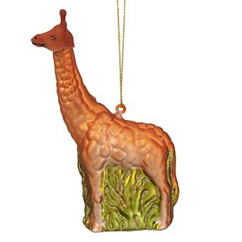 5" Orange Giraffe and Green Grass Glass Christmas Ornament
