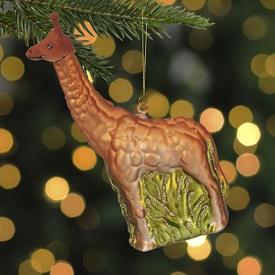 5" Orange Giraffe and Green Grass Glass Christmas Ornament