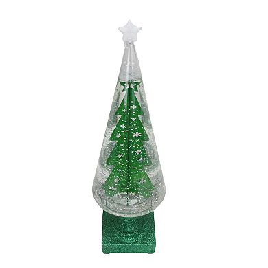 14" Green Glitter LED Swirl Water Dome with Christmas Tree Table Top Decoration