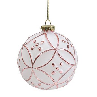 Matte White and Pink Floral Glass Hanging Christmas Ball Ornament 3.75" (95mm)