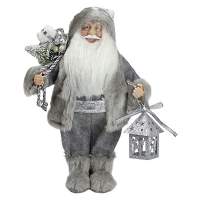 12" Gray and White Standing Santa Claus Christmas Figurine with Bag and  Lantern