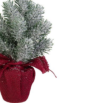 9" Red and White Flocked Mini Pine Christmas Tree in Burlap Base - Unlit