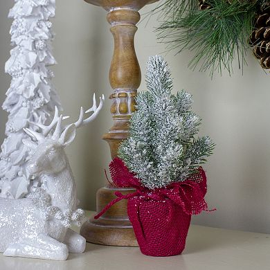 9" Red and White Flocked Mini Pine Christmas Tree in Burlap Base - Unlit