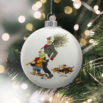 3" Norman Rockwell 'Bringing Home The Tree' Glass Christmas Disc Ornament