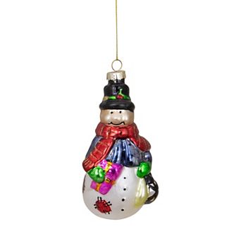 5" Red and Green Snowman with Presents Hanging Glass Christmas Ornament
