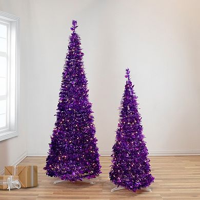 4' Pre-Lit Purple Tinsel Pop-Up Artificial Christmas Tree Clear Lights