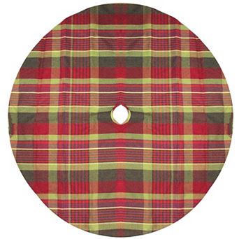48" Red and Green Plaid Rustic Woodland Christmas Tree Skirt with Green Trim