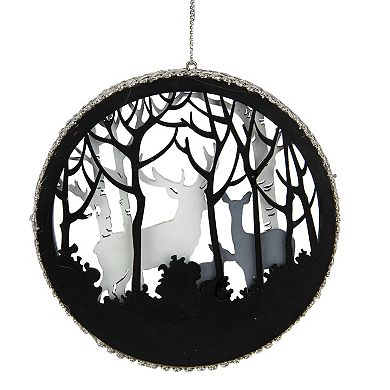4.25" White and Gray Reindeer with Forest Christmas Disc Ornament